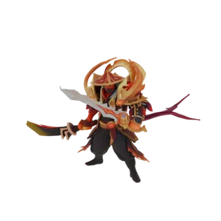 3D model of a fiery samurai warrior in dynamic pose, holding two swords, with flames emanating from its back and shoulders.