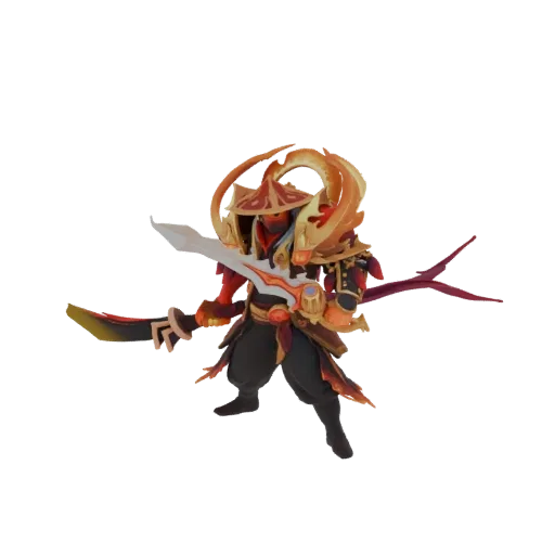 3D model of a fiery samurai warrior in dynamic pose, holding two swords, with flames emanating from its back and shoulders.