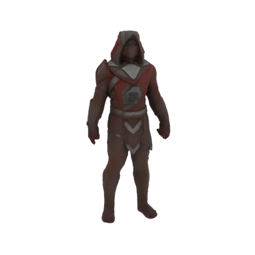 3D model of a sci-fi warrior wearing a red and grey hooded suit, standing in a neutral pose against a black background.