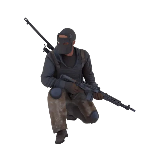 3D-Modell eines Soldaten in Hocke mit Gewehr, taktischer Weste und Rucksack.
