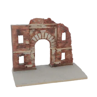 3D model of a ruined Roman archway with a textured diorama base, showing weathered bricks and crumbling stone.