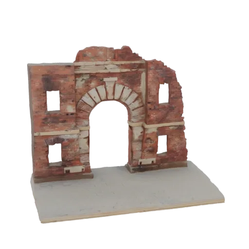 3D model of a ruined Roman archway with a textured diorama base, showing weathered bricks and crumbling stone.