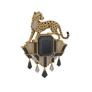 3D model of an Art Deco brooch featuring a cheetah, a central black gemstone, and decorative dangles, rendered against a whit