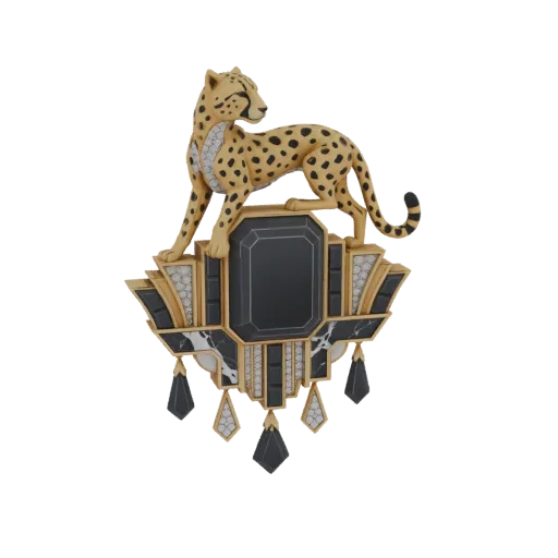 3D model of an Art Deco brooch featuring a cheetah, a central black gemstone, and decorative dangles, rendered against a whit