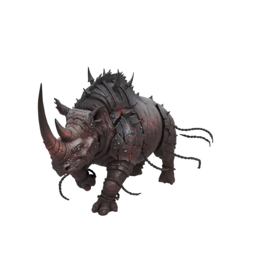 3D model of a dark, heavily armored rhinoceros with glowing red accents and sharp spikes, standing aggressively.