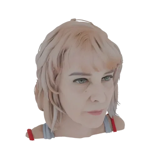 A 3D render of an AI-generated woman's head with blonde hair, green eyes, and a neutral expression, wearing a grey top with r