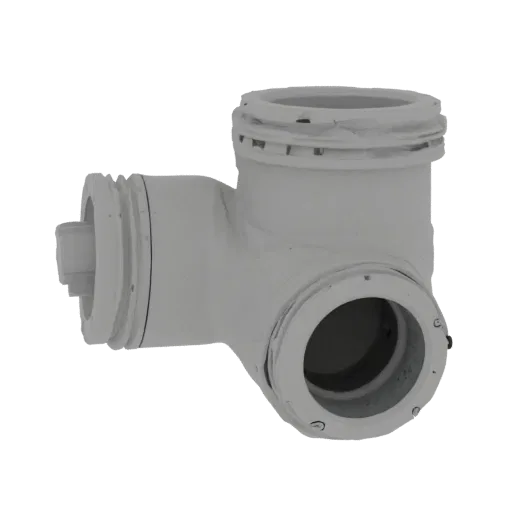 3D model of an elbow tee pipe connector, white, with threaded connections