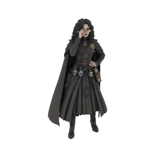 3D model of a gothic sorceress with dark hair, spectacles, and potion vials on her belt, standing in a dramatic pose.