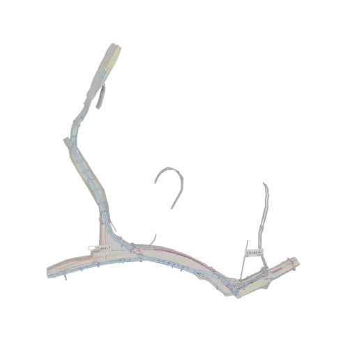 3D model of an urban infrastructure network showing roads, canals, and bridges with a technical, blueprint-like aesthetic.