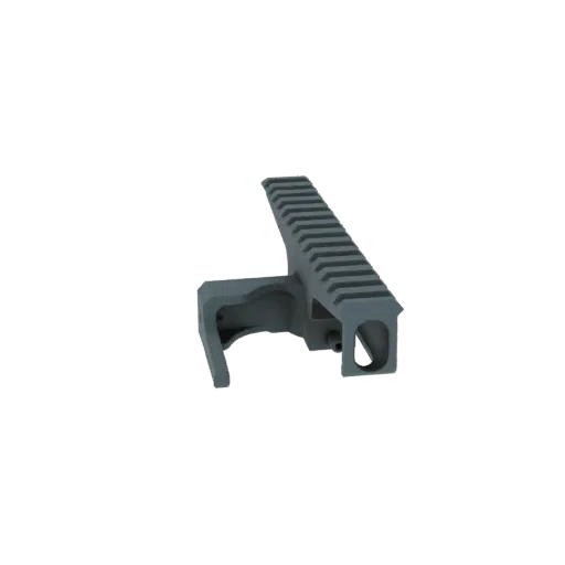 3D model of a grey tactical Picatinny rail mount with visible slots for accessory attachment, set against a black background.