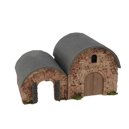 3D model of two connected rustic stone barns with arched doorways and weathered grey roofs, set against a black background.