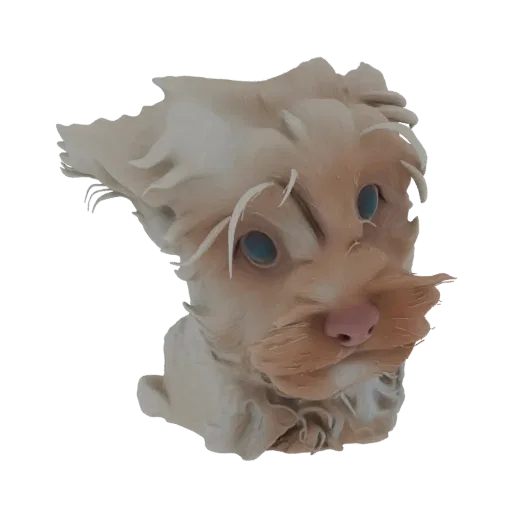3D model render of a stylized Yorkshire Terrier with bright blue eyes and textured fur, presented on a black background.