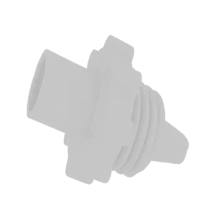3D model of a white nozzle with a cylindrical opening and a detailed threaded base, presented against a black background.