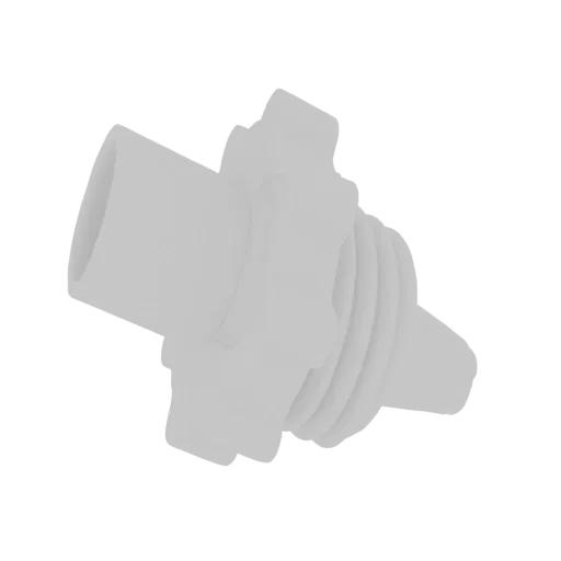 3D model of a white nozzle with a cylindrical opening and a detailed threaded base, presented against a black background.