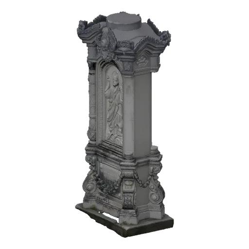 3D model of an ornate Baroque monument with a relief sculpture of a saint, showcasing intricate details and classical archite