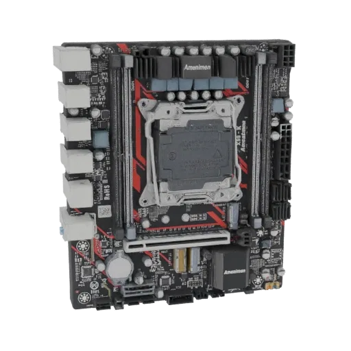 A detailed 3D model of the Amenimen X57-K motherboard, showcasing its complex circuitry, CPU socket, and RAM slots.