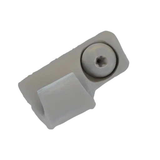 3D model render of a gray plastic clip with a visible star-shaped screw head, isolated on a white background.