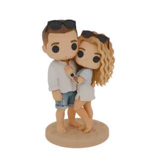 3D-Modell eines Paares, das sich am Strand umarmt, im Stil von Funko Pop Figuren, mit Sonnenbrillen und legerer Strandkleidun