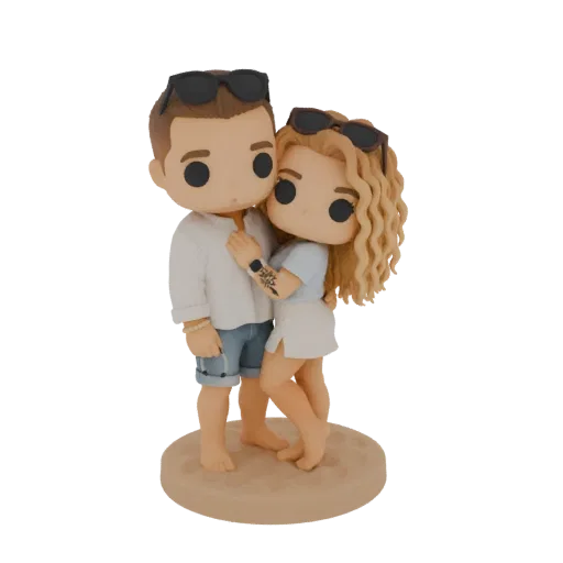 Modèle 3D d'un couple s'embrassant sur la plage, style figurines Funko Pop, avec lunettes de soleil et tenue de plage décontr