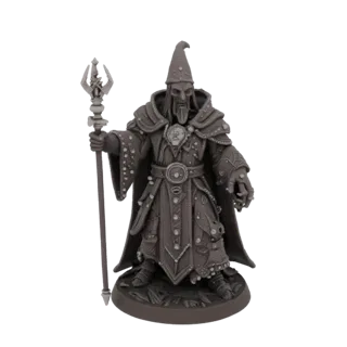 Modèle 3D de Sorcier du Chaos avec bâton style Warhammer Fantasy Battles, debout sur un socle avec des éléments d'environneme