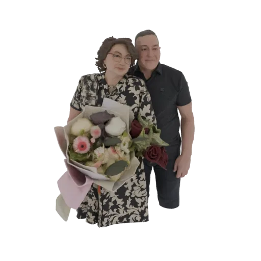 3D model of a couple holding a bouquet, with the woman in front and the man embracing her from behind.