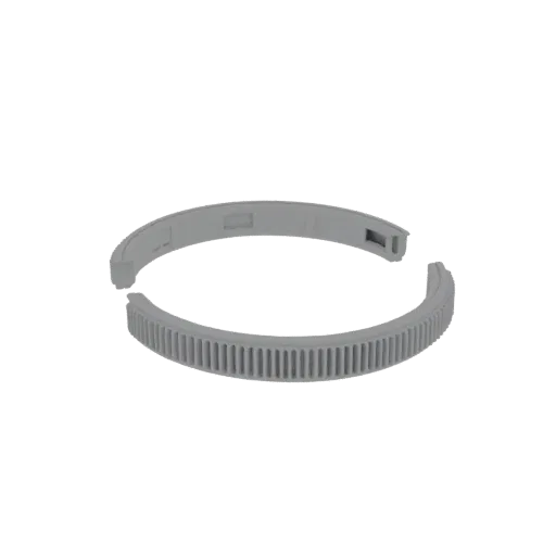 Modèle 3D d'un segment d'engrenage courbe avec des dents internes détaillées, présenté sur un fond uni.