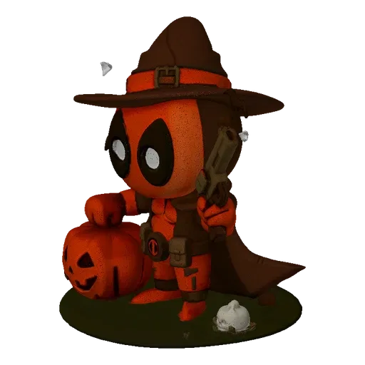 3D model of a chibi Deadpool character dressed as a witch for Halloween, holding a pumpkin and a pistol.