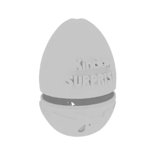 Un modelo 3D de un Huevo Kinder Sorpresa blanco, partido por la mitad para mostrar el interior hueco, con el logo 'Kinder Sur