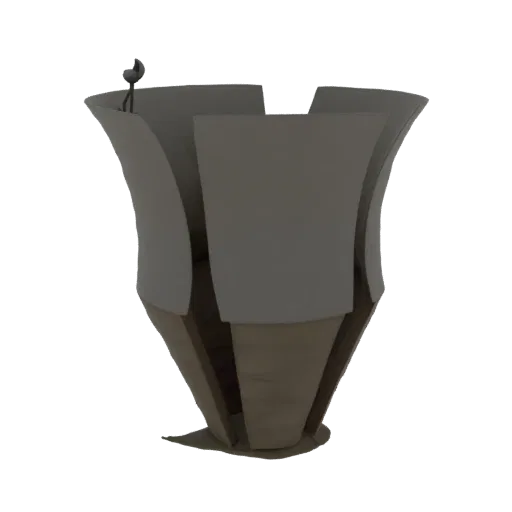 3D model render of an abstract sculptural vase with flowing organic lines and a contrasting light and wood-like finish.
