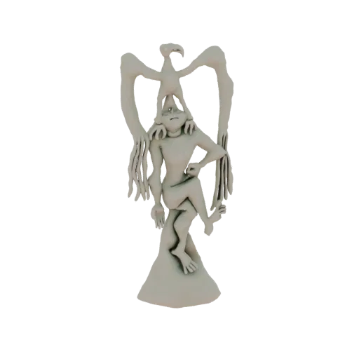 3D model of a mythical sculpture featuring a human-like figure with a bird perched on its head, rendered in a neutral tone.