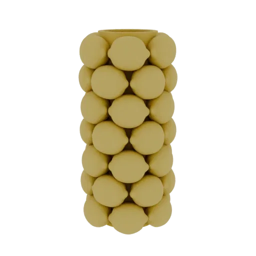 3D model of a cylindrical vase covered in a pattern of yellow lemons, presented on a white background.