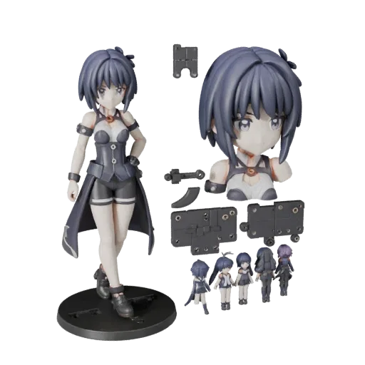 Anime Figure modular kit 3D model preview showing pose, top-down kitbash view, toy proportion and material detail