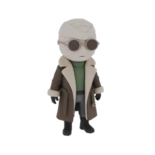 3D model of the Invisible Man, depicted with full body bandages, round goggles, and a brown winter overcoat with a cream-colo