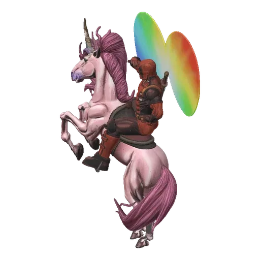 3D model of Deadpool in his iconic suit, saluting while riding a rearing pink unicorn with a rainbow heart behind them.