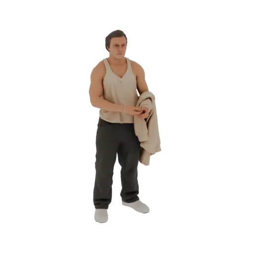 3D model of a man wearing a beige tank top and dark pants, holding a beige jacket over his arm.