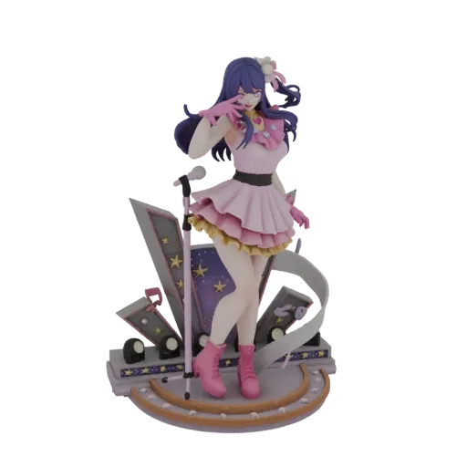 3D model of an idol singer in a pink outfit performing on a starry stage with a microphone.