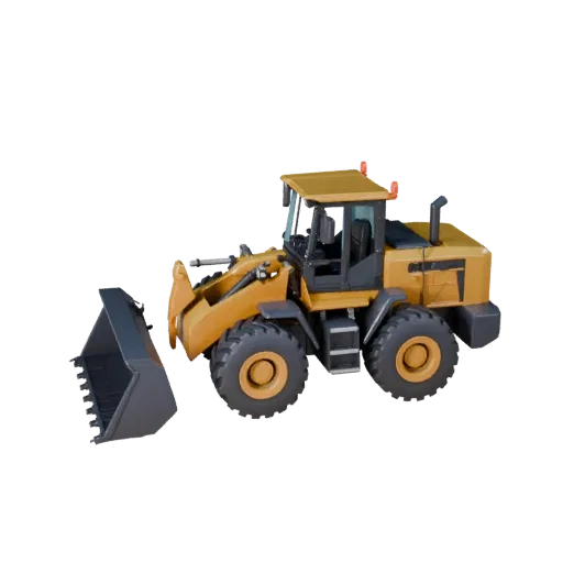 Construction Wheel Loader Low Poly 3D model, game viewport three-quarter view, showing painted steel, form detail.