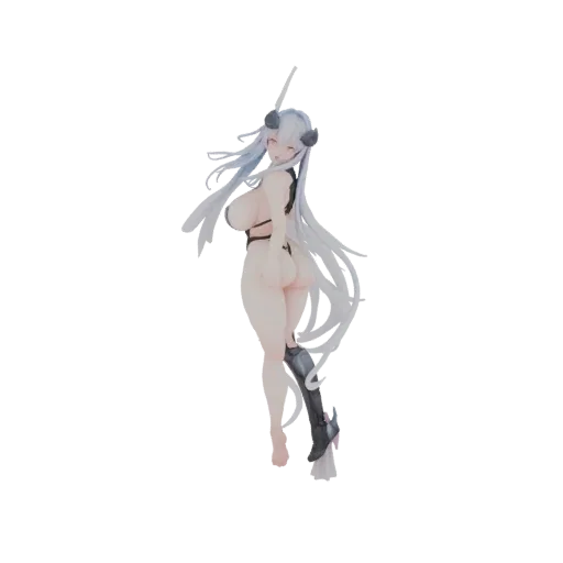 3D model of an anime demon girl with white hair, black horns, and a black bikini, posed dynamically.