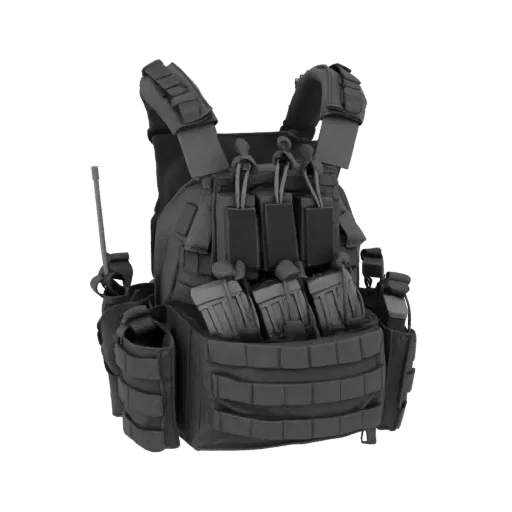3D model of a tactical plate carrier with magazine pouches and radio, rendered in grayscale.