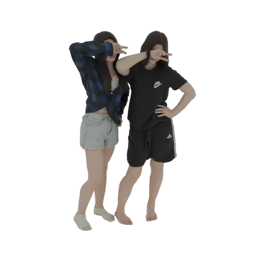 Modello 3D di due giovani donne in abbigliamento casual, una con camicia a quadri e pantaloncini di jeans, l'altra con t-shir