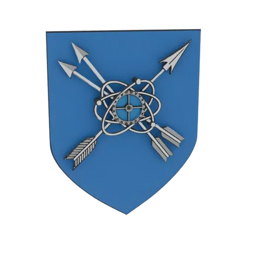 3D model of a blue shield emblem with crossed silver arrows and a central atomic symbol with a gear-like nucleus.