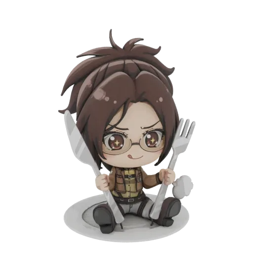 Modèle 3D de Hange Chibi d'Attack on Titan, assise sur une assiette avec une fourchette et un couteau, l'air impatiente.