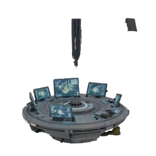 3D model of a futuristic drone control console with holographic screens and cables in cyberpunk style