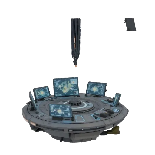 3D-Modell einer futuristischen Drohnensteuerkonsole mit holografischen Bildschirmen und Kabeln im Cyberpunk-Stil