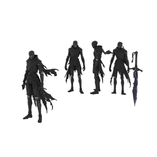 3D model of a dark futuristic warrior with angular armor and a tattered cloak, standing in a neutral pose.