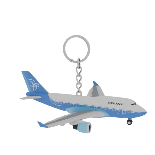 3D model of a blue and white Boeing 747 airplane keychain with a keyring