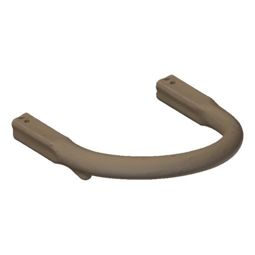 A 3D model of a U-shaped metal handle with two mounting holes on each end, presented against a black background.