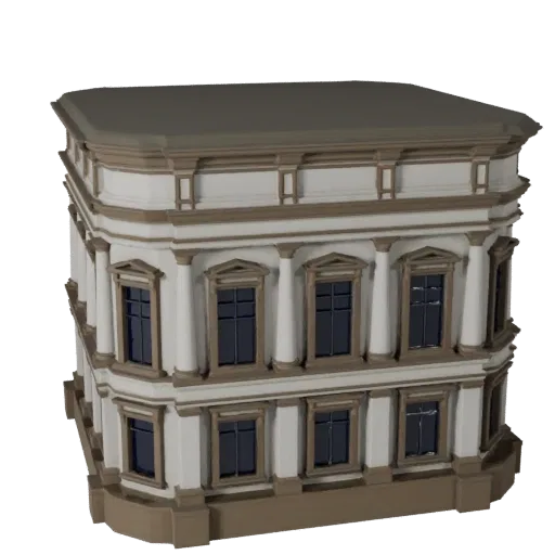 Classical Facade low poly 3D model, game-ready exterior view, showing building facade materials and architectural detail