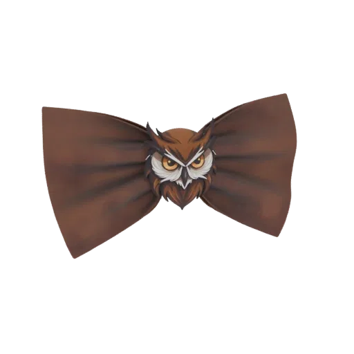 3D model of a brown bow tie with a detailed owl face design, featuring amber eyes and textured feathers.
