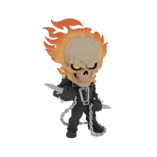 Ein 3D-Rendering einer Chibi Ghost Rider-Figur mit flammendem Schädel, schwarzer Lederjacke und zwei Messern.